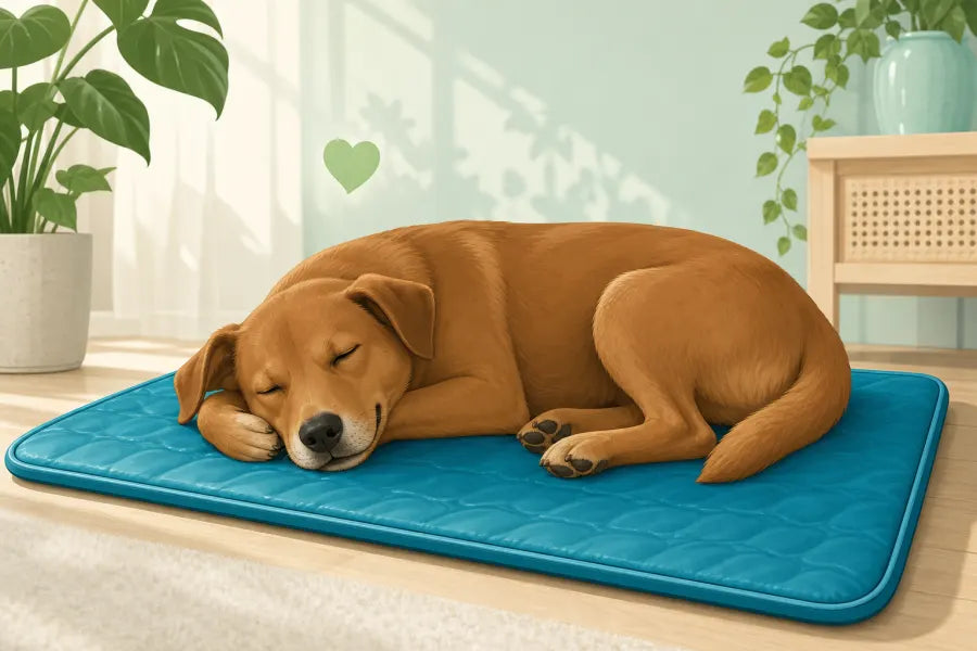 Dog happily sleeping on a Pelsbarn cooling mat